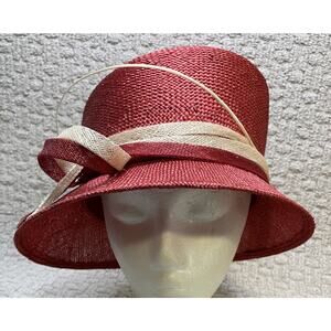 Toucan Red & Beige Straw Cloche Hat NWT Quill Bow Trim Fedora Church Derby